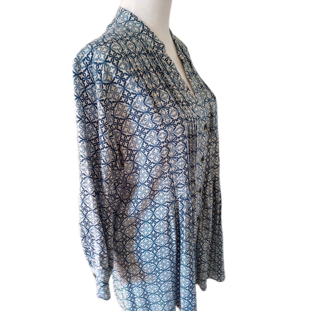 Rock Flower Paper Button Front Pintuck Shirt Blue White Floral Geometric Medium - Picture 3 of 6